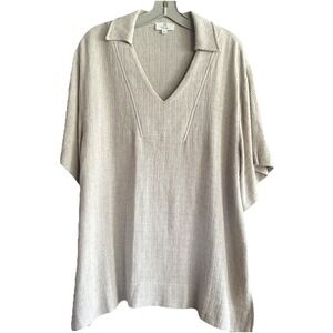 P Cill Top Women's Size Large Linen Rayon Blend Woven Fabric V Neck Collar